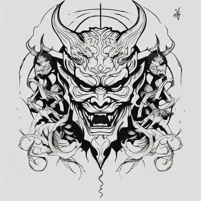 minimalist style Street Tattoo Designs in 2025 & free generation about Back Tattoo with An Oni With a broken mask and a Sword and Dragons & snakes street life tattoo ideas